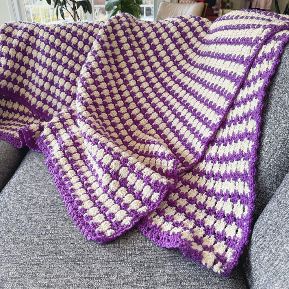 Vintage Purple White Geometric Crochet Afghan Throw Blanket
